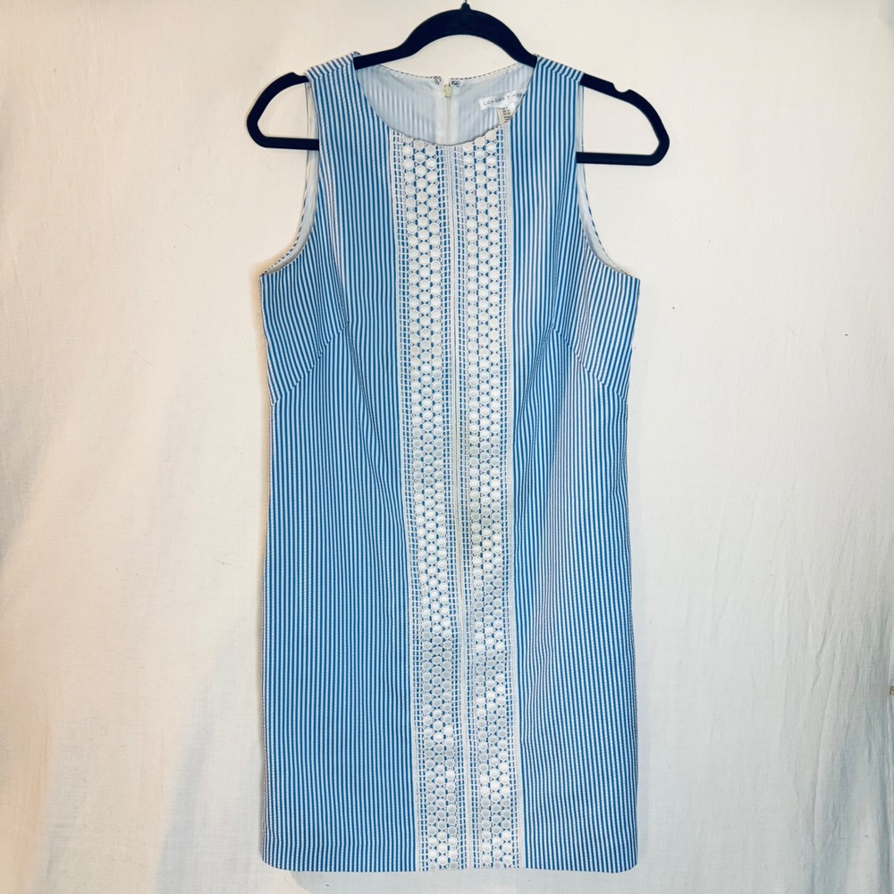 London Times Blue White Seersucker Stripe Eyelet Lace Shift Dress Womens 8